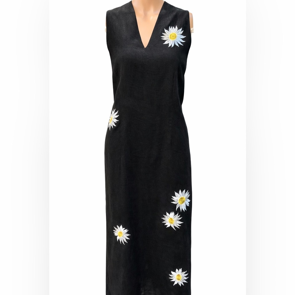 Black Linen Maxi Dress Embroidered Daisy Floral Sleeveless Boho Size 12